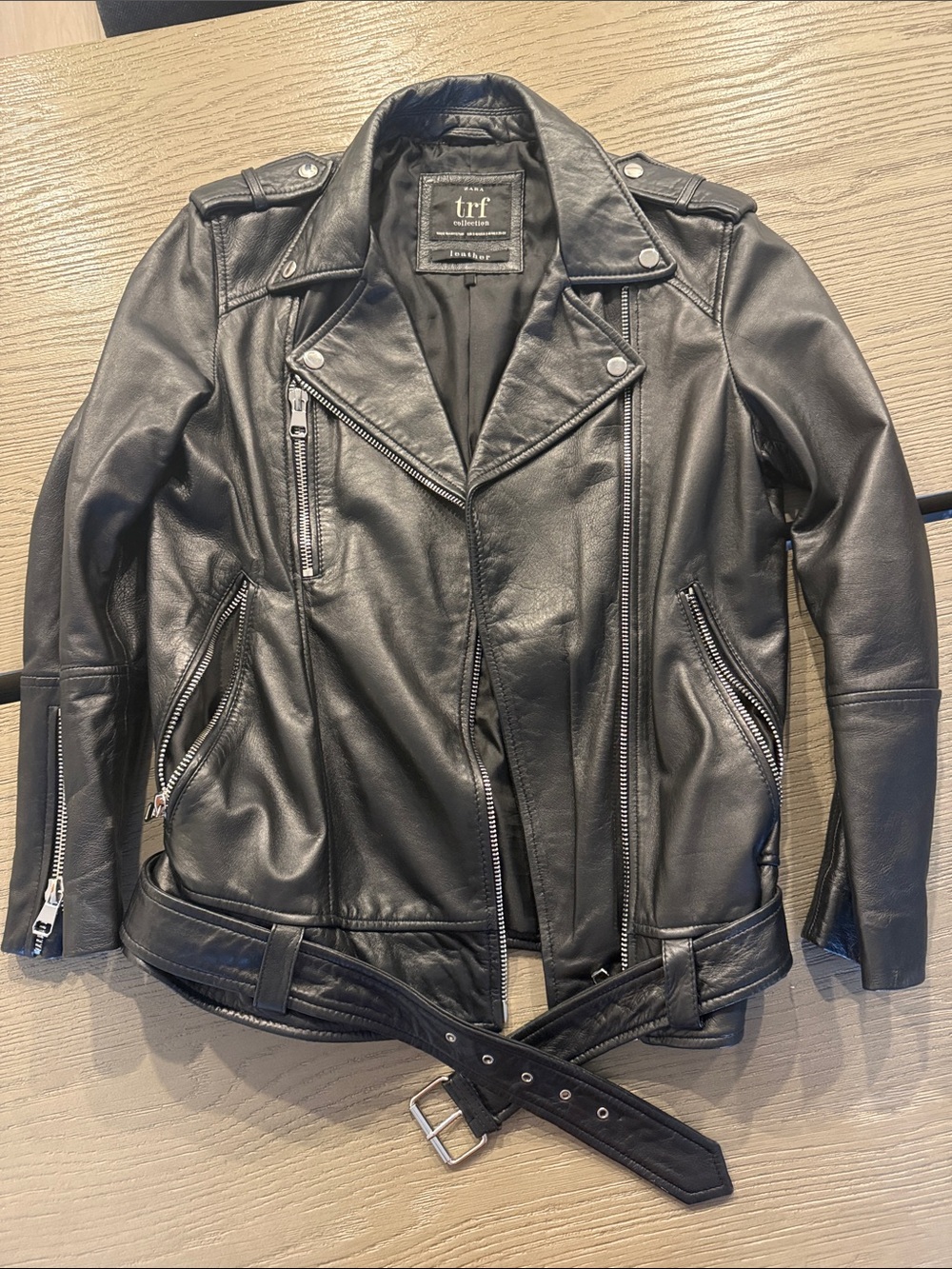 Zara Black Leather Moto Jacket with Belt- size S-M